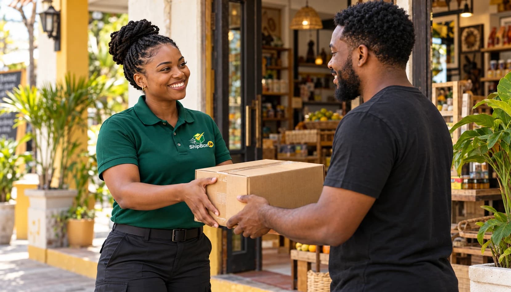 Courier handing a parcel to a customer