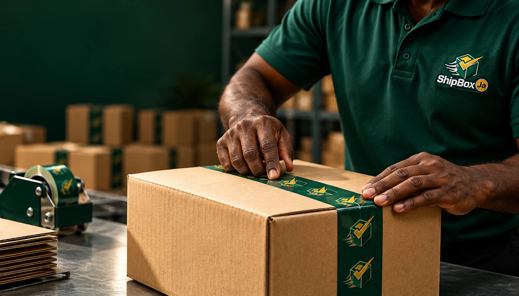 Courier carefully sealing a parcel with ShipBox Ja tape